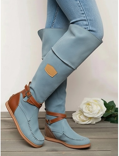 cizme de damă de piele intoarsă până la genunchi cu toc pană și curea cu cataramă - cizme casual în stil boem în albastru denim   cizme de damă de piele intoarsă până la genunchi cu toc pană și curea cu cataramă - cizme casual în stil boem în albastru denim