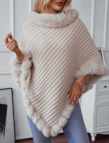  Damen Pullover Schultertuch Elegant Mode Streetwear Einfarbig Gerippt Rollkragen Gestrickt Asymmetrischer Saum Kunstpelzbesatz Halbarm Normale Oberteile Stricken Outdoor Täglich Wochenende Weinrot