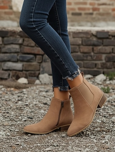  Suède Chelsea enkellaarsjes voor dames met rits aan de zijkant, lage blokhak en instaplaarzen voor casual herfstoutfits, buitenwandelingen en dagelijks gebruik