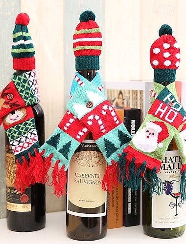  Zestaw 3 ozdób świątecznych na butelki wina, dzianinowe pokrowce na szaliki i czapki, świąteczne akcesoria do butelek czerwonego wina, zestaw torebek na szampana, dekoracje stołu na imprezę,