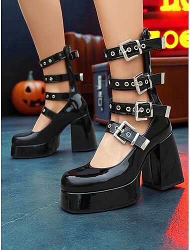  Gothic punk zwarte Mary Jane hakken met imitatielak voor dames - pumps met meerdere gespen voor Halloween-kostuums, cosplay en avondfeestoutfits