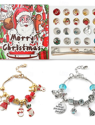  Christmas Advent Calendar Bracelets 2025 for Girls 24 Days Xmas Countdown Calendar DIY Jewelry Making Kit Gift 22 Charm Beads 2 Bracelets for Kids Teens Women