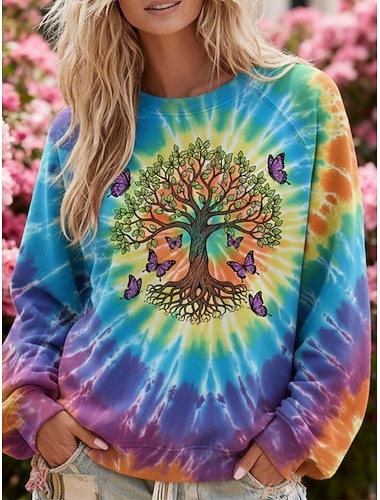  Damen Pullover Sweatshirts Druck Grafik Batik Mode Streetwear Klassisch Langarm Rundhalsausschnitt Normale Oberteile Lässig Alltagskleidung Blau Frühling Herbst