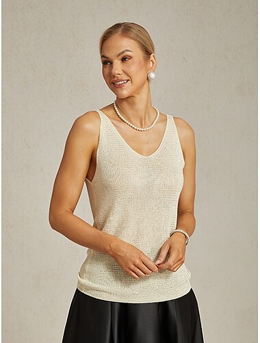  Dame Camisole Tank Top Elegant Fest Ermeløs V-hals Vanlige topper Bryllupsgjest Festkveldsklær Nagle Glimmer Perler Champagne Sommer Vår Høst