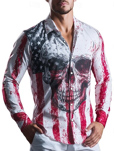  Halloween Men's Skull American US Flag Shirt Button Up Shirt Long Sleeve Vintage Retro Outdoor Casual Holiday Spring Fall Turndown 3D Print Collared Shirts White 1 White