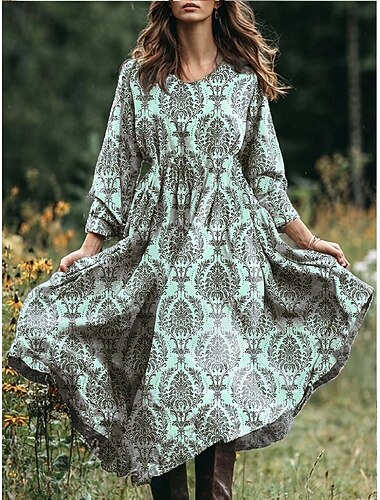  Húsvét Női Midi ruha A vonalú ruha Szabadság Alkalmi Boho Tengerpart Laza öltözet Virágos Grafika Paisley Hosszú ujj V-alakú Arcpír rózsaszín Medence Bíbor Lóhere Tavasz Ősz Tél