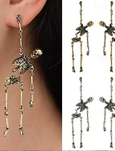  1 paire de boucles d'oreilles squelette d'Halloween vintage en bronze, boucles d'oreilles pendantes d'horreur, boucles d'oreilles crâne effrayantes, bijoux de déclaration amusants pour femmes filles