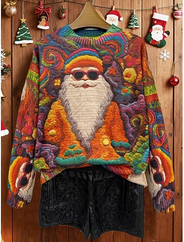 maglione da donna natalizio, casual, quotidiano, grafico, Babbo Natale, girocollo a coste, lavorato a maglia, stampa, manica lunga, top normali, maglia, per attività all'aperto, weekend, arancione,