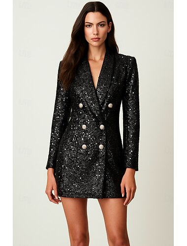  Mulheres Blazer Casaco esportivo Formal Casamento Festa Paetês Elegante Brilhante Manga Longa Lapela Xale Trespassado