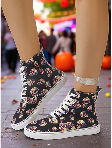  sneakers alte da donna con teschio di zucchero colorato – scarpe di tela con lacci per Halloween, il giorno dei morti e lo streetwear dei festival