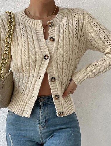 Damen Pullover Strickjacke Streetwear Lässig Einfarbig Zopfmuster Rundhalsausschnitt Knöpfe Gestrickt Langarm Normale Oberteile Stricken Täglich Ausgehen Wochenende Braun Aprikose Herbst Winter   Damen Pullover Strickjacke Streetwear Lässig Einfarbig Zopfmuster Rundhalsausschnitt Knöpfe Gestrickt Langarm Normale Oberteile Stricken Täglich Ausgehen Wochenende Braun Aprikose Herbst Winter