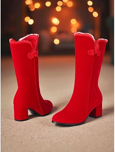  Women's Red Mid-Calf Boots with Side Zipper, Block Heel and Floral Trim – Elegant Winter Dress Boots for Christmas, Holiday Parties and Formal Occasions