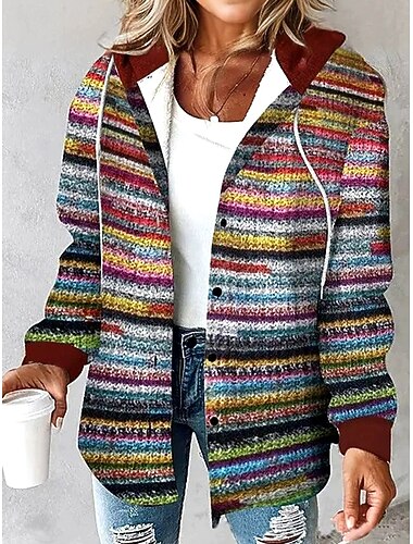  Per donna Felpa con cappuccio Grafico Geometrico A righe Casual Boho Manica Lunga Con Cappuccio Top Regolari Streetwear Abbigliamento Quotidiano Casuale Stampato Marrone rossastro Marrone Grigio
