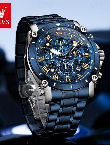  El nuevo reloj de negocios Olevs para hombre con correa de acero, fase lunar, calendario luminoso, cronógrafo, indicación de 24 horas, reloj de cuarzo es un reloj de pulsera deportivo impermeable,