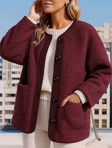  Dames Winterjas Polar Fleece Jack Knop Met zakken Lange mouw Kleding Bovenlichaam Sportkleding Herfst Effen Warm Wandelen Voor buiten Reizen Sportkleding Sportkleding Rode Wijn Zwart Wit