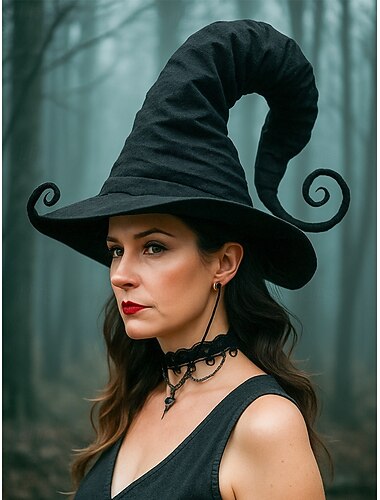  女性用ハロウィン魔女帽子 - コスチュームパーティー用のカールしたつばが付いた黒のゴシック尖ったコスプレ魔法使い帽子