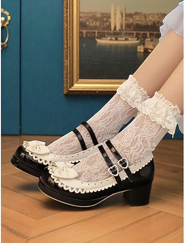  Zapatos Mary Jane de charol sintético en blanco y negro para mujer, años 50, con lazo: zapatos estilo lolita vintage de tacón grueso con doble tira para fiestas de té, uniformes escolares y cosplay de niñas.