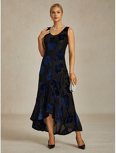  Női bársonyos maxi ruha testhez simuló ruha trombita sellő ruha A vonalú bodycon elegáns formális koktélparti esküvői vendég esti parti normál illeszkedésű virágmintás ujjatlan kerek nyakú sötétkék