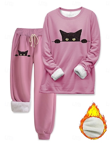  Γυναικεία Κομψό Ζεστό Μοντέρνα Σετ δύο τεμαχίων Φόρμα Σετ παντελονιών Μακρυμάνικο Φουσκωτό μακρύ Στρογγυλή Ψηλή Λαιμόκοψη Γραφική Ζώο Στάμπα ΕΞΩΤΕΡΙΚΟΥ ΧΩΡΟΥ Διακοπές Καθημερινά