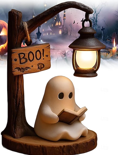  Lanterne de lecture fantôme mignonne - Boo 3D Lampe de lecture fantôme d'Halloween en résine avec lumière LED chaude Lampe de lecture fantôme Lampe de nuit décorative pour fête, chambre, bureau