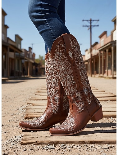  Mulheres Botas Botas Cowboy botas de vaqueira Ao ar livre Diário Cor Sólida Botas da panturrilha Bordado Salto Robusto Dedo Apontado Elegante Vintage Luxuoso Pele PU Sem Atacadores Preto Marron Bege