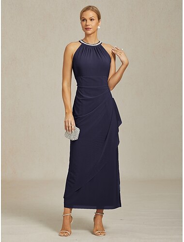  Dames Maxi-jurk Schede jurk Elegant Feest cocktail Effen Kleur Mouwloos Strakke ronde hals Marineblauw