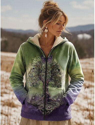  Dame Vinterjakke Fleece-jakke Hold Varm Lettvekt Trykt mønster Fleece Lined Årgang Daglig Bohemsk vintage Blomstret Feriereise Avslappet Kort Med hette Normal Langermet Yttertøy Grønn Høst Vinter