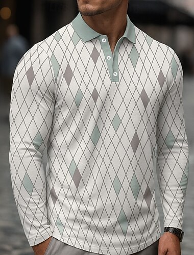  Homme Géométrique Polo manche longue Polos Revers Occasionnel Extérieur Athleisure Tenue quotidienne Impression 3D Boutons Printemps Automne Hiver Blanche Vert