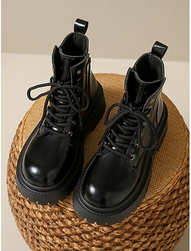  Women's Black Platform Combat Boots with Lace Up and Side Zipper - Chunky Sole Fashion Ankle Boots for Casual Streetwear and Fall Outfits