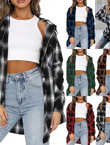  Γυναικεία Σακί Άνετο Αναπνέει Τσέπη Κουμπιά Στάμπα Καθημερινό Καρό Διακοπές Δρόμος Causal Καθημερινά Ρούχα Μονόπετο Κανονικό Απορρίπτω Κανονικό Μακρυμάνικο Εξωτερικά ενδύματα Μαύρο Ρουμπίνι Θαλασσί