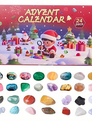  مجموعة تقويم مجيء من الكريستال الطبيعي مع 24 يومًا من صناديق الكريستال العمياء - تقويم العد التنازلي لعيد الميلاد مع 24 حجرًا فريدًا (جمشت، كوارتز وردي، سيترين، سيلينيت أسود) & أكثر)