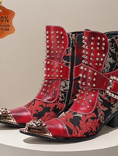  Men's Red Studded Gothic Ankle Boots – Punk Rock Style Leather Buckle Boots with Side Zipper for Concerts, Festivals and Party Fashion