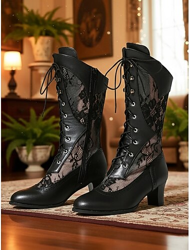  Dámské viktoriánské gotické šněrovací síťované kozačky – kotníkové boty na středním podpatku ve stylu edvardovského stylu z roku 1900 s květinovou krajkou na kostýmní večírek, divadelní vystoupení a retro cosplay