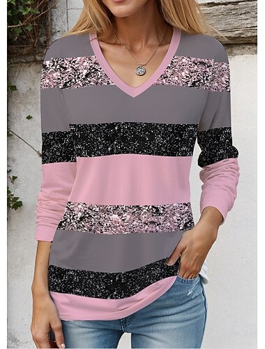  Mujer Camiseta Ombre Graphic Geométrico Vintage Elegante Clásico Manga Larga Escote en Pico Tops regulares Diario Estampado Rosa Morado Verde Trébol Primavera Otoño Invierno