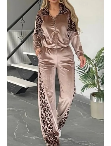  Per donna Moda Streetwear Set di Pantaloni Bolero Top Manica Lunga Colletto a Camicia Tinta unica Cerniera All'aperto Lavoro Casuale Nero Cachi Grigio Autunno Vestibilità regolare
