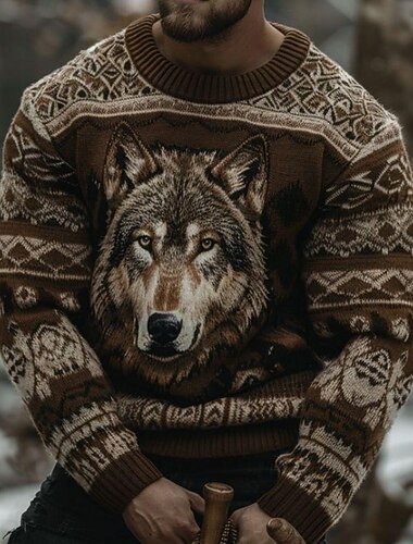  Муж. Животное Волк Пуловер Свитер Свитер с узором Fair Isle Вязаная одежда "Круглый вырез ""под горло""" На каждый день Отпуск Повседневные 3D печать Сохраняет тепло Длинный рукав Весна Осень Зима