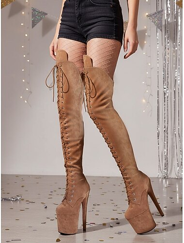  Bottes à lacets à plateforme au-dessus du genou pour femmes - Bottes à talons hauts pour pole dance, idéales pour la vie nocturne et les fêtes