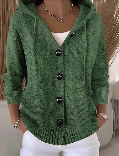  Women's Sweater Cardigan Fashion Streetwear Casual Pure Color Ribbed Hooded Pocket Buttons Knitted Long Sleeve Regular Tops Knit Outdoor Daily Weekend Army Green Light Brown Fall Winter