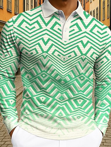  Homens Geométrico Pólo Manga Longa Camisas polo Lapela Casual Rua Roupa Esportiva Roupa Diária Impressão 3D Botões Primavera Outono Inverno Azul Laranja Verde