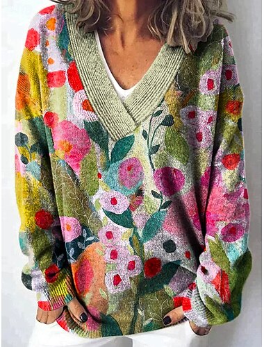  Per donna Cardigan Quotidiano Cuore Floreale Grafico A Coste Scollo a V Floreale Stampato Manica Lunga Top Regolari Maglia All'aperto Weekend Rosa Verde scuro Primavera Autunno