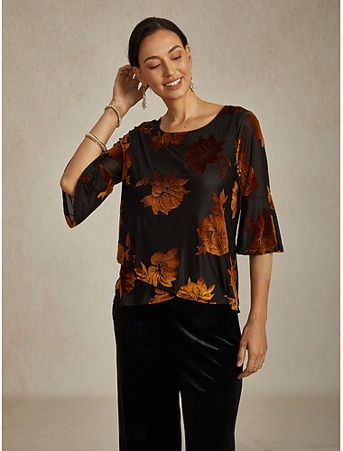  damebluse pene topper fløyel blomsterprint elegant stilig avslappet rund hals vanlige topper bryllupsgjest daglig brun høst vinter