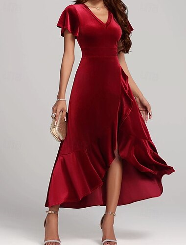  Femmes Robe Midi Robe de Noël Robe en Velours Robe de Cocktail Élégant Mode Moderne Quotidien Extérieur Soirée Coupe régulière Uni Manche Courte Col en V Noir Rouge Violet Printemps Automne