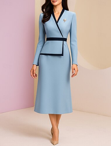  Linjeform Kjole til brudens mor Formell Elegant Årgang V-hals Te-lengde Polyester Langermet med Fargeblokk