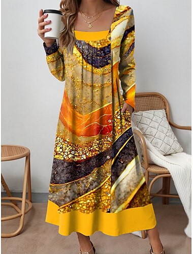  Damen Midikleid Shiftkleid Lässig Täglich Normale Passform Grafik Abstrakt Langarm Quadrathals Gelb Blau Purpur Grün Herbst Winter