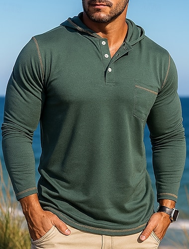  Herre Uformell skjorte Hettegenser Langermet Med hette Topper Utendørs Pustende Bomull Svart Blå Grønn Tennis Golf Løp
