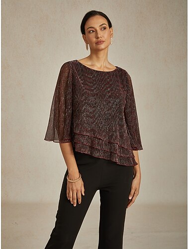  Dames Blouse Geklede topjes Vloeiende topjes Chiffon-topjes Elegant Vintage Stijlvol 3/4 mouw Strakke ronde hals Boothals Werk Dagelijks Date-avondoutfits Pailletten Geplooid Lapwerk Wijn Lente Herfst