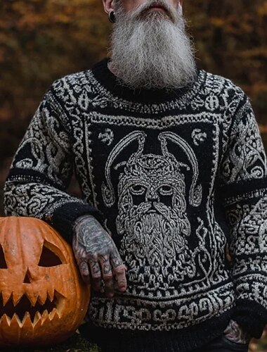  Hombre Vikingo Suéter de punto Prendas de punto Cuello redondo Retro Antiguo Casual Vacaciones Diario Impresión 3D Mantiene abrigado Manga Larga Primavera Otoño Invierno Negro