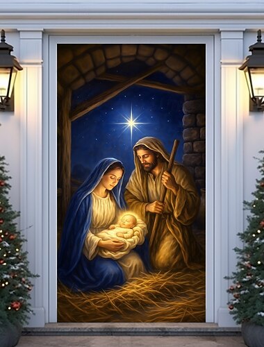  Karácsonyi Ajtófüggöny Betlehem Jelenet Szent Család Vallásos Ajtófüggöny Háttér a 2025-ös Karácsonyi Egyházhoz Partira Verandára és Otthoni Ünnepi Dekorációhoz