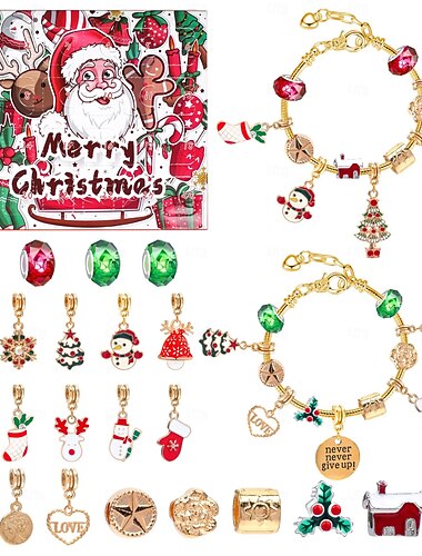  Jule Adventskalender Fyllstoffer 2025 Julegave Jenter Kvinner Barn 24 Dager Armbånd Jule Nedtellingskalender DIY Smykkelagesett Gave 22 Charm Perler 2 Armbånd
