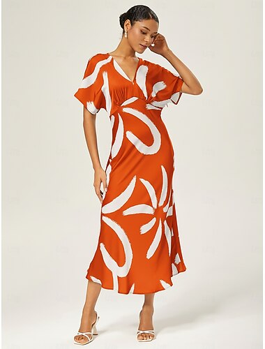  dam maxiklänning satin abstrakt placeringstryck dolmanärm v-ringning midja knyt elegant avslappnad semester vår sommar höst